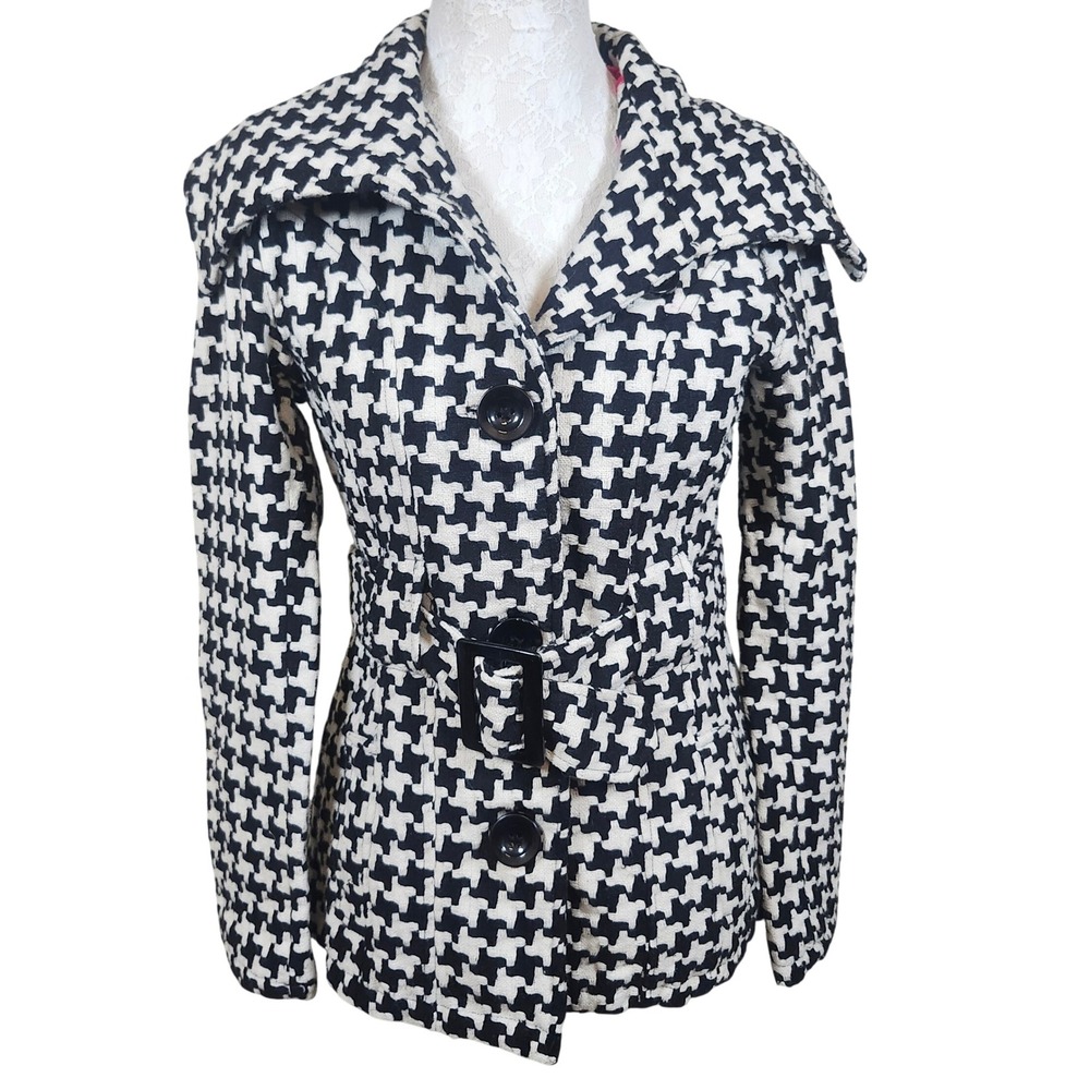 Me Jane Houndstooth Belted Peacoat Jacket Black White Lined‎ Winter Coat Small